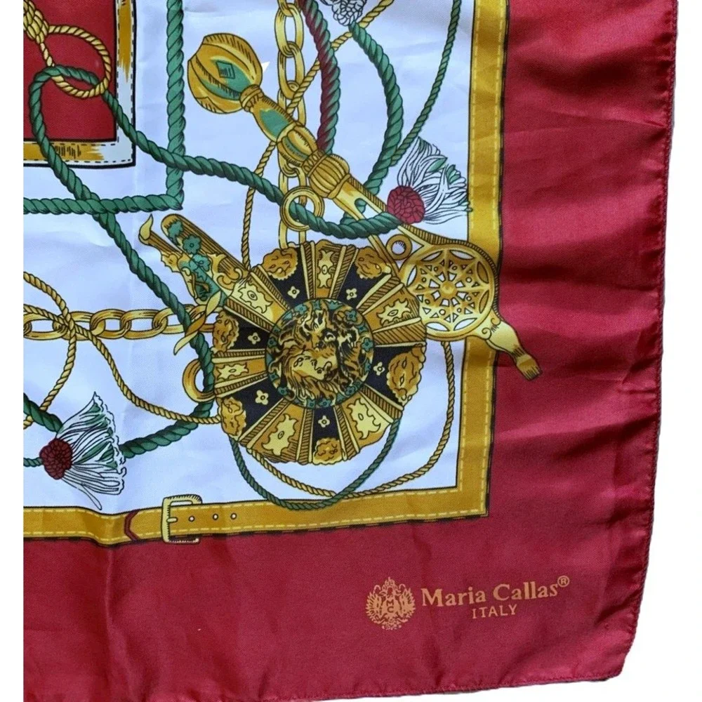 Maria Callas Italy Silk Scarf Equestrian Tassels Medallions Red Gold 34